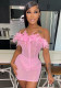 Women Summer Pink Sweet Strapless Solid Feathers Trim Skinny MiniTwo Piece Skirt Set