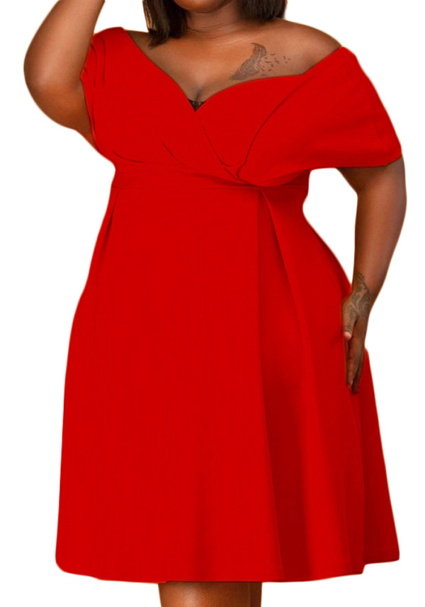 Damen Sommer Rot Süß Off-the-Shoulder Kurze Ärmel Solide Gürtel Midi A-Linie Plus Size Partykleid