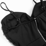 Frauen-Sommer-Schwarz-reizvoller Träger-Sleeveless festes Netz höhlen heraus in voller Länge lockerer Overall aus