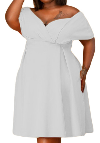 Women Summer White Sweet Off-the-shoulder Short Sleeves Solid Belted Midi A-line Plus Size Party Dress