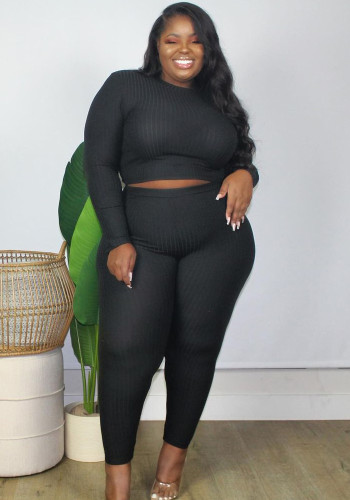 Women Spring Black Sexy O-Neck Full Sleeves High Waist Solid Skinny Plus Size Two Piece Pants Set