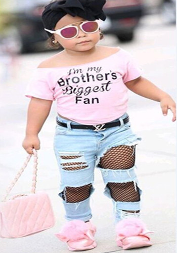 Summer Kids Girl Letter Print Short Sleeve T-shirt and Ripped Hole Mesh Patch Jeans T