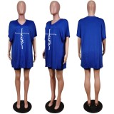Damen-Sommer-Blau, lässig, V-Ausschnitt, kurze Ärmel, bedruckt, lose Seitenschlitze, zweiteiliges Shorts-Set