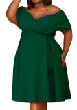Mujer verano verde dulce fuera del hombro manga corta sólido cinturón Midi A-line vestido de fiesta de talla grande