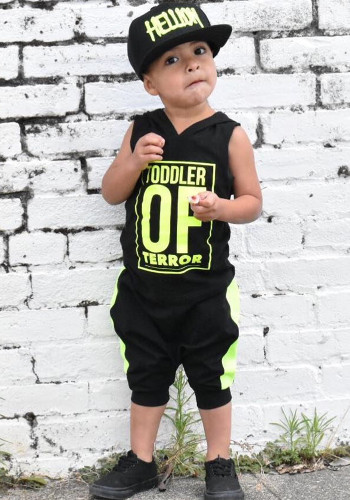 Conjunto de shorts de verão infantil menino com estampa de letra verde manga com capuz hip pop de duas peças
