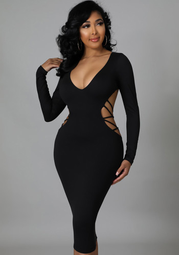 Vestido feminino primavera preto sexy com decote em V mangas inteiras oco sólido midi bodycon vestido