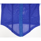 Conjunto de minifalda de dos piezas para mujer, verano, azul, sin tirantes, de malla sólida, con adorno de plumas