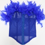 Conjunto de minifalda de dos piezas para mujer, verano, azul, sin tirantes, de malla sólida, con adorno de plumas