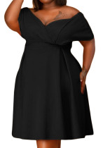 Women Summer Black Sweet Off-the-shoulder Short Sleeves Solid Belted Midi A-line Plus Size Party Dress