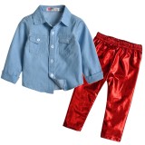 Spring Kids Mädchen Langarm Blue Shrit und Shiny Red Pants Zweiteiliges Set