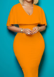 Damen Sommer Orange Formales V-Ausschnitt Cape Sleeve Solid Midi Etuikleid Bürokleid
