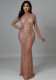 Women Spring Pink Sexy O-Neck Full Sleeves Solid Mesh Beading Mermaid Evening Dress