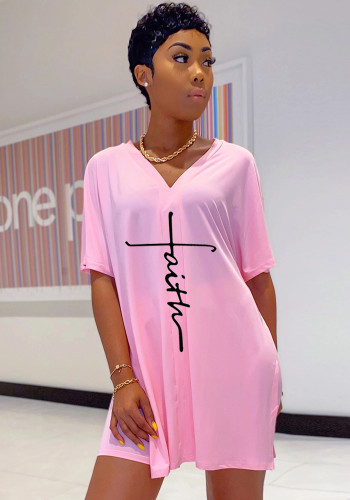 Women Summer Pink Casual V-neck Short Sleeves Print Loose Side Slit Two Piece Shorts Set
