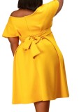 Mujer verano amarillo dulce fuera del hombro manga corta sólido cinturón Midi A-line vestido de fiesta de talla grande