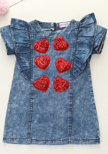 Vestido jeans de verão para crianças menina com coração e manga azul