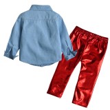 Spring Kids Mädchen Langarm Blue Shrit und Shiny Red Pants Zweiteiliges Set