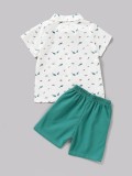 Summer Kids Boy Print Weißes Kurzarmhemd und grüne Shorts, zweiteiliges Set
