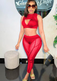 Mujeres verano rojo sexy o-cuello sin mangas patchwork malla ahueca hacia fuera flaco conjunto de pantalones de tres piezas