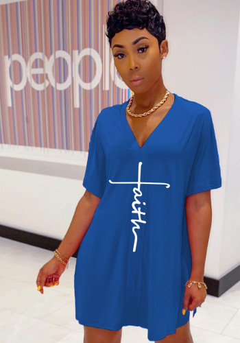 Women Summer Blue Casual V-neck Short Sleeves Print Loose Side Slit Two Piece Shorts Set