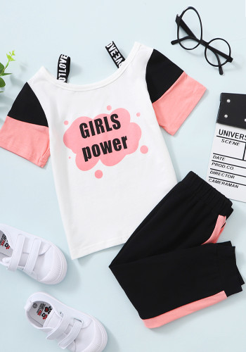 T-shirt e pantaloni sportivi con cinturini sportivi con stampa a lettere da ragazza per bambini estivi, set a due pezzi