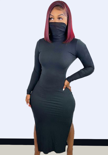 Women Spring Black Sexy Turtleneck Full Sleeves Solid Slim Slit Long Dress