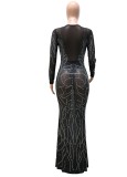 Frauen-Frühlings-Schwarz-reizvolles O-Ansatz-volle Hülsen-feste Netz-Perlen-Meerjungfrau-Abend-Kleid
