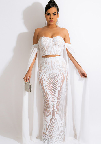 Women Summer White Sweet Off-the-shoulder Cape Sleeve Solid Mesh Sequined SkinnyTwo Piece Skirt Set