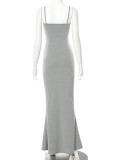 Women Summer Grey Romantic Straps Sleeveless Solid Slim Maxi Dress
