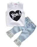 Summer Kids Girl Sleeveless Heart Print Top and Fringe Jeans Two Piece Set