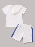 Sommer-Kind-Jungen-weißer Druck-Kurzarm-Kapuzenpulli-zweiteiliges Shorts-Set