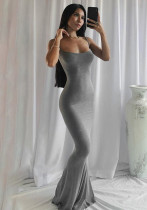 Women Summer Grey Romantic Straps Sleeveless Solid Slim Maxi Dress