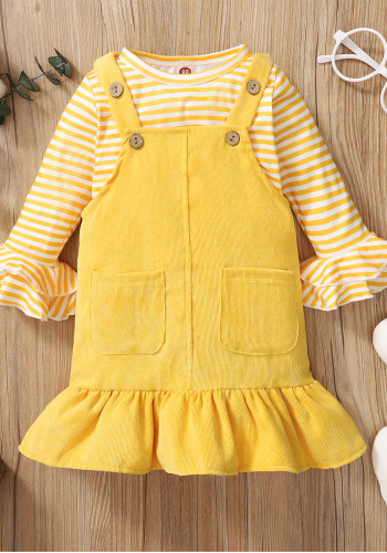 Yaz Kız Bebek Sarı Çizgili Fırfırlı Flare Uzun Kollu Üst ve Slip Elbise İki Parça Takım