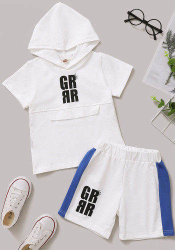 Conjunto de shorts de verão infantil menino estampado branco manga curta com capuz de duas peças