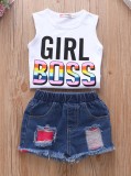 Summer Kids Girl Sleeveless Print Top and Denim Shorts Two Piece Set