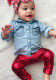 Spring Kids Girl Long Sleeve Blue Shrit and Shiny Red Pants Two Piece Set