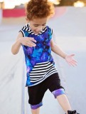 Summer Kids Boy Sport blue Print Sleeveless Hooded Two Piece Shorts Set