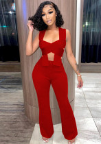 Women Summer Red Sexy Straps Sleeveless High Waist Solid Hollow Out Regular Two Piece Pants Set