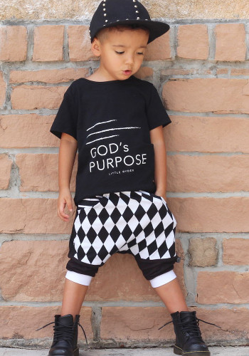 Summer Kids Boy Black Letter Print T-shirt and Stripes Shorts Two Piece Set