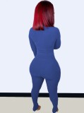 Frauen Frühlingsblau Sexy O-Ausschnitt Volle Ärmel Solide Dünne Zweiteilige Hose Set