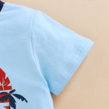 Summer Kids Boy Print Blue Short Sleeve T-shirt and Shorts Two Piece Set