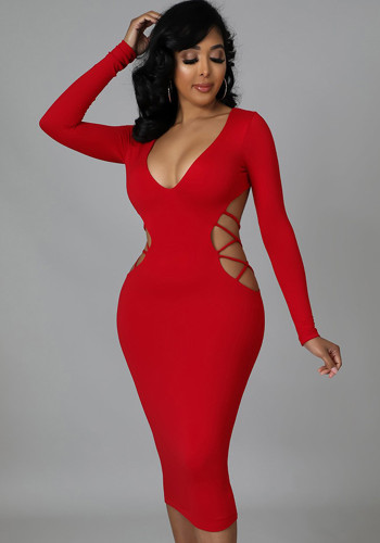 Women Spring Red Sexy V-neck Full Sleeves Solid Hollow Out Midi Bodycon Dress