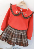 Spring Baby Girl Red Floral Long Sleeve Top und Plaid Rock Two Piece Set