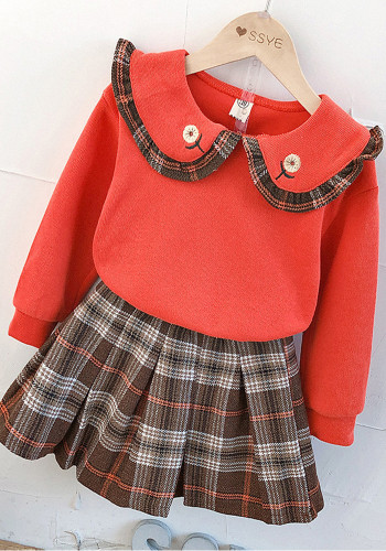 春の女の赤ちゃん赤い花柄長袖トップとチェック柄スカートツーピースセット