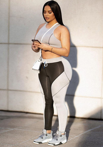 Women Summer Grey O-Neck Sleeveless Vest Color Blocking Pant Yoga Sets