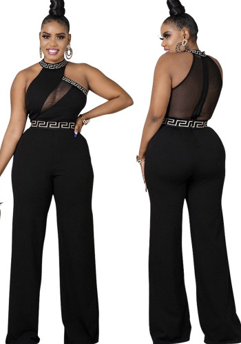Women Summer Black Sexy Halter Sleeveless Print Mesh See Through Loose Jumpsuit