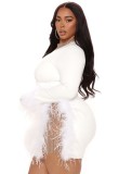 Women Spring White Sweet O-Neck Long Sleeve Mesh with Rhinestone Feathers Mini Plus Size Casual Dress
