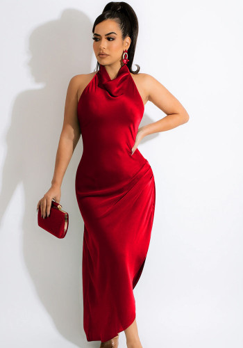 Robe longue d'été rouge sexy à col en V sans manches en satin uni pour femmes
