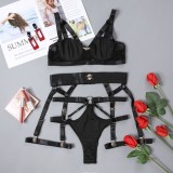 Women Black Sexy Solid Bandage Bra And Panty Galter Lingerie Set