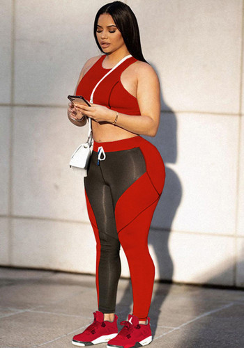 Women Summer Red O-Neck Sleeveless Vest Color Blocking Pant Yoga Sets