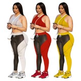Women Summer Yellow O-Neck Sleeveless Vest Color Blocking Pant Yoga Sets